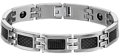 JewelryWe Schmuck Armband für Damen und Herren, Kohlefaser, magnetisch, Edelstahl, Fantasie, Farbe Silber, Schwarz, Länge 21,5 cm/19,5 cm, mit Geschenktasche