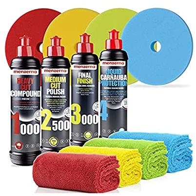 Detailmate Auto Politur Set - Menzerna Autopolitur - Super Heavy Cut Compound HC1000 + Medium Cut 2500 + Final Finish FF3000 + Liquid Carnauba Wachs + 4 passende Menzerna Pads + 4 Poliertücher