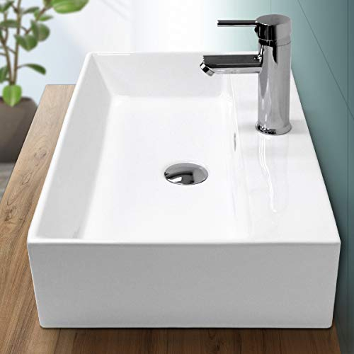 ECD Germany Lavabo da Appoggio in Ceramica Bianco Lucido Rettangolare 605x365x130 mm Design Moderno Lavello Lavandino Lavamano Bacinella per Ospiti Sanitari Rubinetteria per Bagno Casa