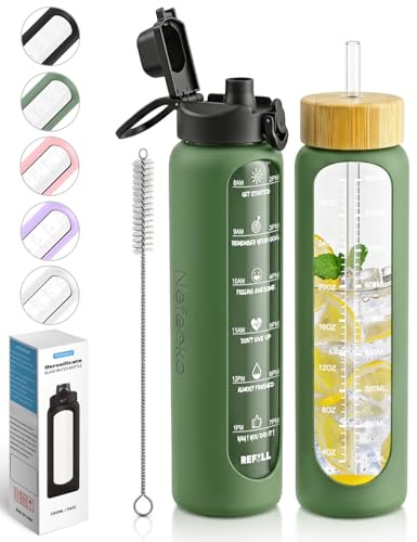 Nefeeko 32 oz Glass Water Bottles with Straw, Time Marker, Motivational 1 Liter BPA FREE Leakproof Reusable Glass Water Bottle with Silicone Sleeve, Bamboo, Spout Lid