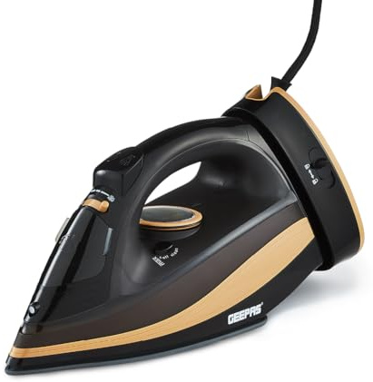 GEEPAS Steam Iron | Clothes Dry & Steam Press | 40s Fast Heat-Up Vertical Steaming | Ceramic Soleplate Adjustable Temperature Cordless | 300ml Tank 1g/Steam Output | 2 Year Warranty 2400W Black/Gold