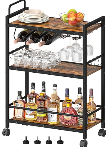 Homedawn Bar Cart, Serving Cart for Home, Microwave Cart, Drink Cart, Mobile Kitchen Shelf with Wine Rack and Glass Holder, Rolling Beverage Cart for Dining Room(Rustic Brown and Black)