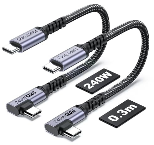 SUMPK 30cm USB 4 cable ángulo recto [2 paquetes, cable 240w USB c, transmisión de datos de alta velocidad de 40gbps, visualización de vídeo de 8k único o doble 4K