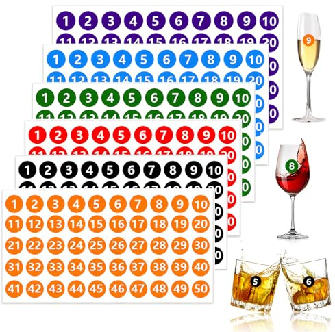 OXTXO Weinglas Nummern Aufkleber 1–50 (2,5 cm / 1 Zoll), 6 Bögen selbstklebende Glasmarkierer für Sektgläser, Hochzeit, Party, Bar & Events