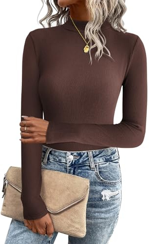 Zeagoo Jersey De Punto De Manga Larga para Mujer Jersey De Color Sólido Slim Fit Jersey Informal Liviano Tops Cuello Alto Tops Elásticos Camisas De Punto S-XXL