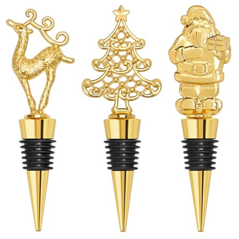 Weinverschluss Weihnachten, 3 Stück Gold Flaschenverschluss Weinflaschenverschluss für die Weinsammlung Wein/Champagner, Weihnachtsmann/Rentier/Weihnachtsbaum Dekoration Weihnachten Geschenke