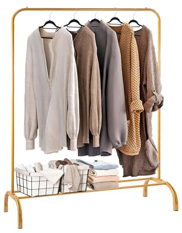 Shoze kleiderstange Kleiderständer Stabil Freistehender Kleiderbügel Trockengestell Metall Bekleidungsschiene mit Unterem Lagerregal kleiderstangen Garderobenständer für Home Schlafzimmer(Gold)