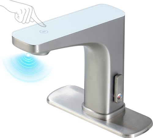 Touchless Bathroom Sink Faucet, Motion Sensor & Touch Activated Bathroom Faucet with Temperature Display Restroom Faucet for Home Commercial, Brushed Nickel
