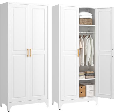 SteeLoong Metal Wardrobe Cabinet with Hanging Rod, 71 Tall Armoire Wardrobe Closet with 2 Doors and Adjustable Shelves, White Clothing Storage Cabinets for Bedroom, Laundry Room, Cloak Room
