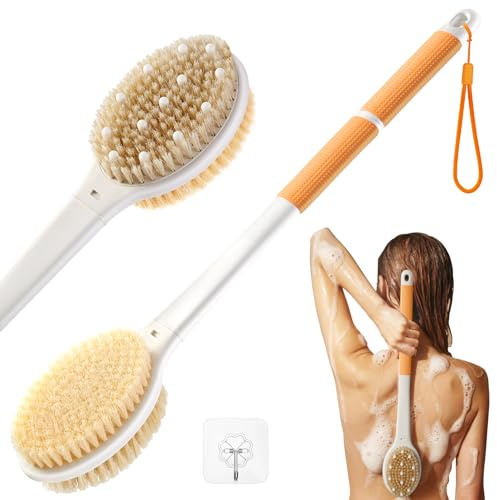 Ryggskrubbare kropp duschborste: Massage & exfoliering torrborste halkfri långt handtag badborste med styva och mjuka borst – duscha blodcirkulation för kvinnor män äldre (orange)