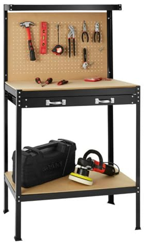 KOMBO - Banco da Lavoro in Alluminio con 2 Ripiani in MDF, 1 Cassetto, Schienale in MDF con 20 Ganci – 91x48x140 cm – Struttura Robusta, Salvaspazio, Ideale per Garage e Officine