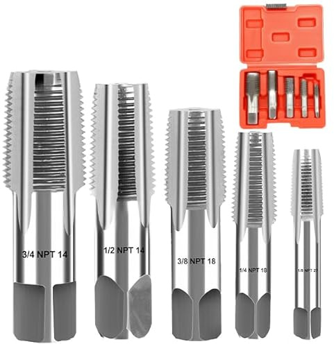 5Pieces NPT Pipe Tap Set, 1/8, 3/4, 1/2, 3/8, 1/4 Precision Carbon Steel NPT Tap Set, for Clean Accurate Threads, Assorted Plumbers Mechanics DIY Thread Cutting Tools