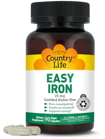 Country Life Easy Iron 25 mg | Gentle, Non-Constipating Iron Supplement | Supports Energy & Red Blood Cell Production | Certified Gluten-Free & Vegan | 90 Vegan Capsules