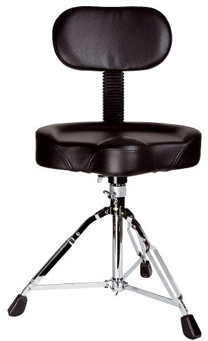 Fame D9003 Drumhocker, Doppelstrebig, Sattelsitz mit Vinylbezug, Inklusive Rückenlehne und Spindel, Verchromt, Höhenverstellbar 480-650mm, Komfort und Halt für Schlagzeuger