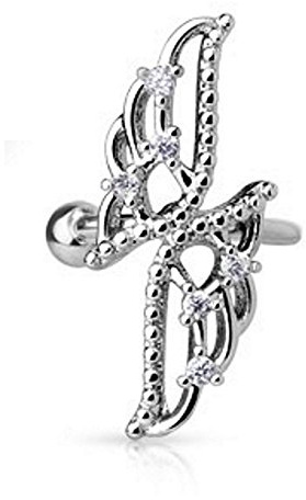 Bungsa Ear Cuff Ohrklemme gekreuzte Flügel Wings (Ohrstecker Conch Fake Piercing silber dezent Ohrringe Ohrclip Ohrschmuck Damen Frauen Herren Mode)