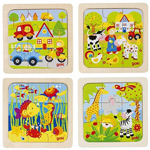 goki 57499 Einlegepuzzle Bauernhof oder Unterwasserwelt, 18 x 18 cm, Holz, 9 Teile, mehrfarbig (Modell zufällig, 1 Stück)