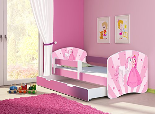 CLAMARO 'Fantasia Pink' 160 x 80 Kinderbett Set inkl. Matratze, Lattenrost und mit Bettkasten Schublade, mit verstellbarem Rausfallschutz und Kantenschutzleisten, Design: 08 Prinzessin Einhorn