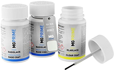 MG PRIME Autolack Lackstifte für KIA HW2 / HW Deluxe White Pearl + Klarlack | Deleuxeweiss Metallic, Set aus Grundlack + Basislack + Klarlack, Lackfläschchen mit Pinsel, je 50ml