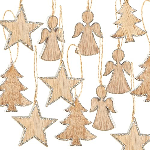 Weihnachtsanhänger Holz, 12er Set: Holzanhänger Stern, Tannenbaum & Engel, Geschenkanhänger Weihnachten, Anhänger Weihnachtsbaum, Zweige & Geschenke, Christbaumschmuck Silber, 5 cm