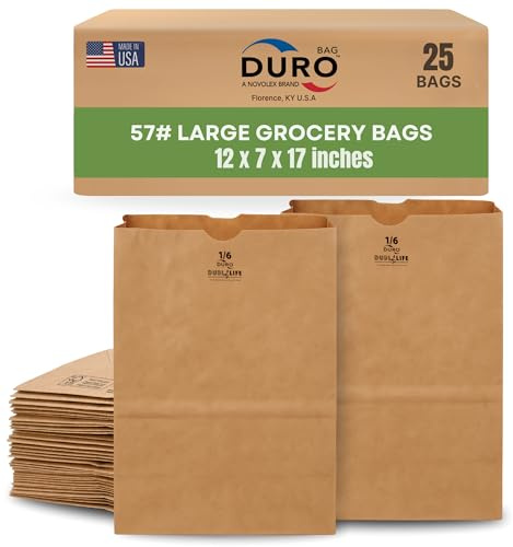 DURO 57# Brown Paper Grocery Bags Heavy-Duty, 12 x 7 x 17 Inches, 25-Count, Large Brown Paper Bags for Grocery Shopping, Food Take-Out, Disposable Kraft 1/6 Sack for Trash & Recycling