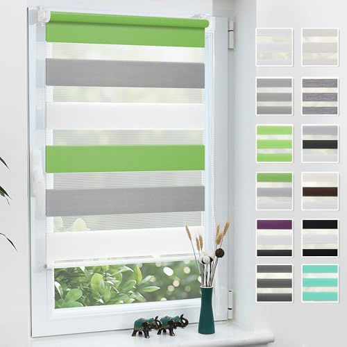 Grandekor Doppelrollo Klemmfix ohne Bohren Grün-Grau-Weiß 95x120cm(Stoffbreite 91cm) Fenster Rollos für innen Klemmrollos Duo Rollos für Fenster ohne Bohren mit Bohren Privatschutz Zebrarollo