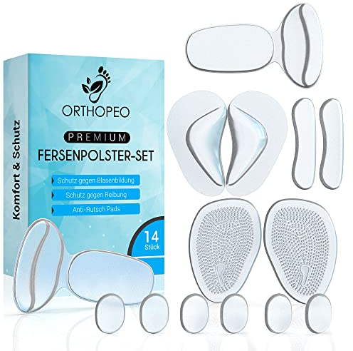 ORTHOPEO Premium Fersenpolster Ballenpolster Vorfuß High Heels Einlagen Heel Pads Schuheinlagen Gel gegen Blasen & Reibung 14er Set Silikonpolster Gelpolster Gelkissen