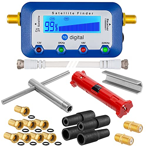 HB-Digital SET: Sat-Finder digitale con Display + Spelafili + Chiave d'installazione + Aiuto per svitare + 8x F-Connettore placcato oro + 2x Connettori + 4x Gommini di protezione dalle Intemperie