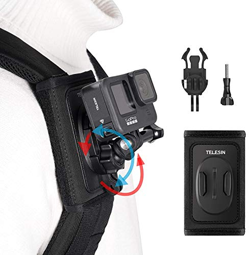 TELESIN Soporte para Mochila de Rotación de 360 Grados para GoPro Hero 13 12 11 10 9 8 Insta360 X5 X4, dji Osmo Action para Correa de Hombro, con Almohadilla Ajustable Gancho en J Soporte para Bolsa