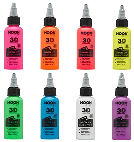 Moon Glow – Neon UV 3D tygfärg – 30 ml – textilfärg för kläder, t-shirts, väskor, skor och duk (set med 8)