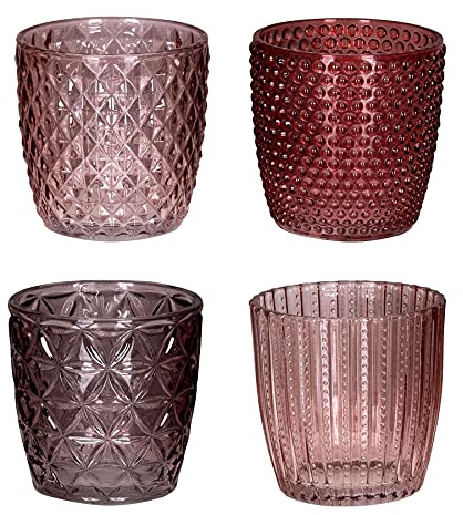 4er Set Windlicht H7,5cm Glas Rosa Teelichthalter Kerzen Retro Kerze Kerzenhalter Tischdeko Deko