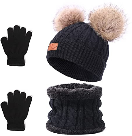 Barakara Barnmössa vinter, söt varm baby barn mössor stickad pom pom hatt med avtagbara pompoms för flickor pojkar, mjuk termisk skidmössa för höst vinter för spädbarn småbarn barn 2-8 år, Svart B