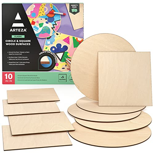 ARTEZA MDF Wood Slices, Set of 10, 5 x 11.8-Inch Circles and 5 x 9.05-Inch Squares, Unfinished Wooden Pieces for DIY Craft and Art Projects