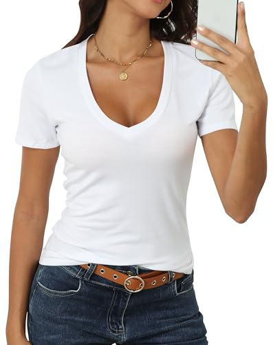 Roselux Women Short Sleeve Deep V Neck Tops Shirts Fitted Cotton Modal Summer Sexy Tshirt Tee White M