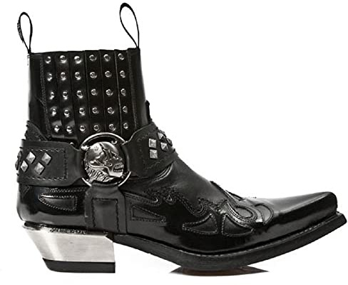 New Rock 7950-S9 Schwarze Stiefeletten Western Gothic Strap Skull Stud Metall 44