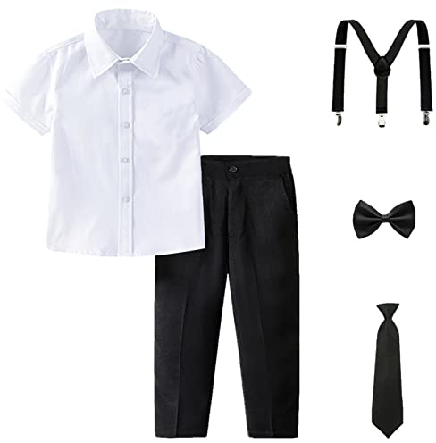 amropi Ragazzi Completini e Coordinati Bambino a Maniche Corte Camicie e Pantaloni e Cravatta Bianco Nero, 9-10 Anni