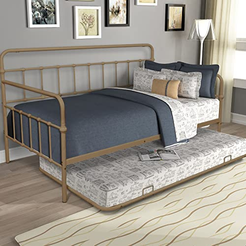 TMEOSK Twin Daybed with Casters, Metal Frame, Pull-Out Trundle Bed for Living Room and Bedroom, Bronze
