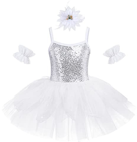 Ballettkleidung Mädchen Kinder Ballett Trikot Gymnastikanzug Prinzessin Tütü Tüllrock Ballettkleid Ballettanzug Tanzkleid Ballerina Kleid Halloween Karneval Tinkerbell Fee Kostüm Weiß 7-8 Jahre