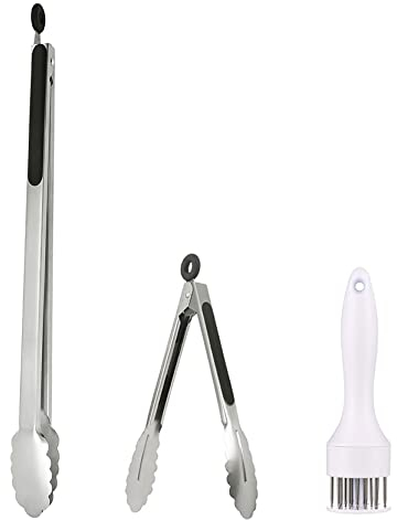UPTALY 1 pinza per barbecue extra lunga da 45 cm, 1 mini pinza per insalata in acciaio inossidabile da 20 cm, 1 batticarne con punte per piercing, pinze per alimenti di grandi dimensioni