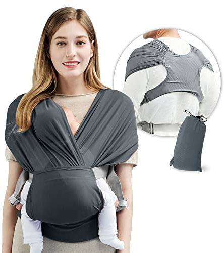 LAT Breathable Baby Carrier Newborn from Birth (0-2 Years) up to 15 kg, Baby Sling for Newborns Toddlers Baby Wrap Carrier Suitable for Spring Summer (Grey)