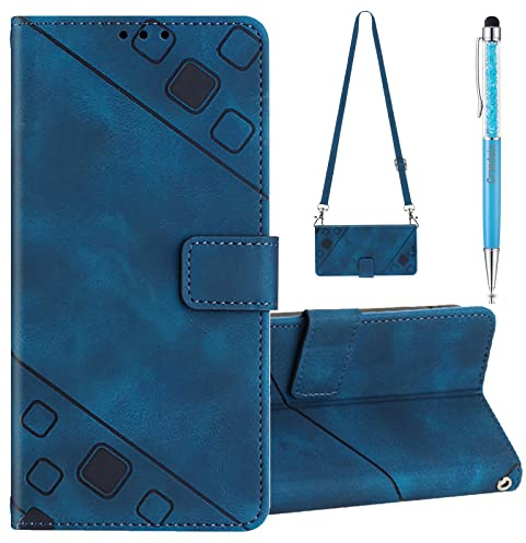 Grandoin Kompatibel mit iPod Touch 7/6/5 Hülle mit Band, Handykette Handyhülle mit Band Lederhülle Klappbar Flip Case Tasche Magnet Kartenfach Handyband zum Umhängen Schutzhülle mit Kette (Blau)