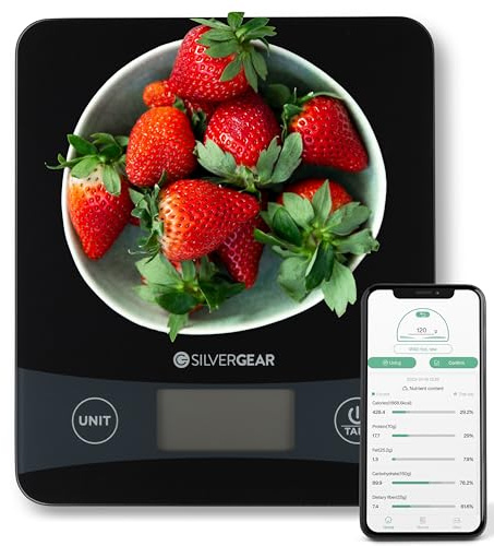 Silvergear® Balance de Cuisine avec App Jusqu'à 5kg | Balance de Nutrition Électronique avec Fonction Tare & Écran LCD | Numérique Balance de Cuisine Compteur de Calories | Résolution 0,1g | Noir