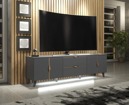 Furneo Azzurro 10G – Grey TV Stand Cabinet, 180 cm, Brushed Gold Handles, White LED Lights