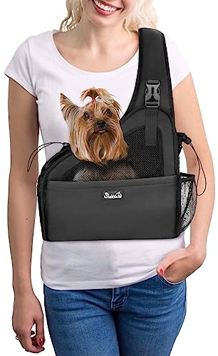 Eyein Hundefreundlich Tragetücher Hunde, Hände frei Reisetasche für kleine Haustiere mit verstellbaren Trägern Hartfaserplattenboden Sicherheitsgurt, für Hunde bis 2.8kg Verbreiterte Version, Schwarz