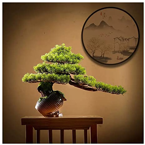 Artificial Trees Artificial Potted Plant Fake Guest-Greeting Pine Bonsai Tree Ornament Planter with Ceramic Pitcher for Desktop Display Home Office Indoor Decor Simulated Pine (Color : Green-b)