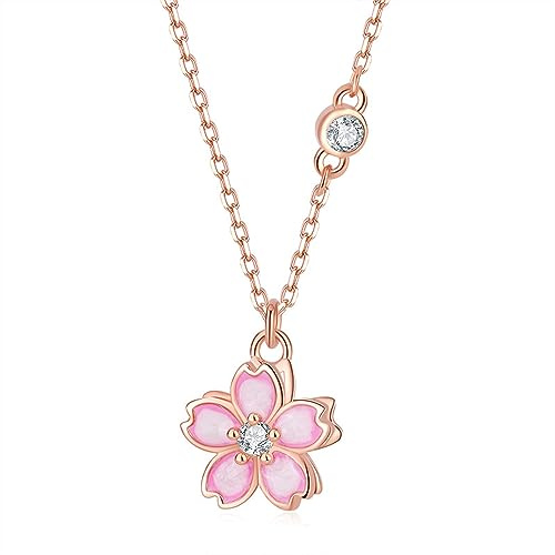 Collana da donna Sakura in argento sterling 925 con zirconia cubica smaltata, ciondolo fiore ciliegio, per ragazze e bambine