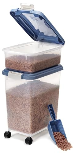 Iris Ohyama, Boite Croquette Chat Hermetique à Roulettes, 30L+9L/10kg+4kg, Bleu, Couvercle à Rabat avec Joint Etanche, Plastique, pour Chien, Chat, Friandises, Conteneur Croquettes, sans BPA, MP-8/1