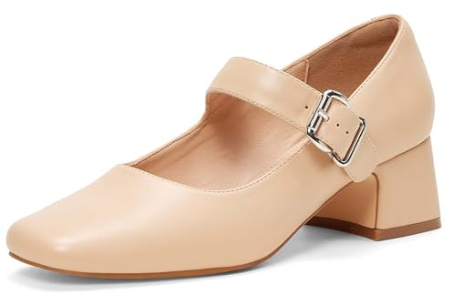 GENSHUO Zapatos Mary Jane de Tacón Bajo y Grueso para Mujer con Punta Cuadrada Cerrada y Correa en el Tobillo, Vestido de Oficina e Iglesia, 36-42 EU