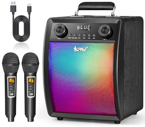 Máquina de Karaoke para Adultos y niños con 2 micrófonos inalámbricos UHF, Sistema PA de Altavoz Bluetooth portátil con Luces LED para Fiestas en casa, Exteriores/Interiores