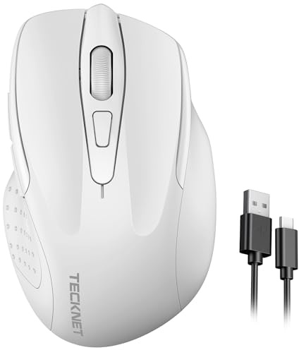 TECKNET Silent Wireless Mouse, 2.4G Rechargeable Cordless Mice, White | 800-4800DPI, 2.4G USB Receiver, Right-Handed Ergonomic Design, for Laptop, PC, Computer, Windows, MacOS