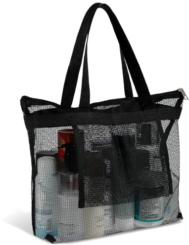 Mesh Shower Bag, Shower Caddy Portable Mesh Tote Bag with Zipper, Quick Dry Hanging Bath and Toiletry Organizer for College Dorms, Gym, Beach, Camping, Swimming, Yoga and Travel (1Pcs, Black)